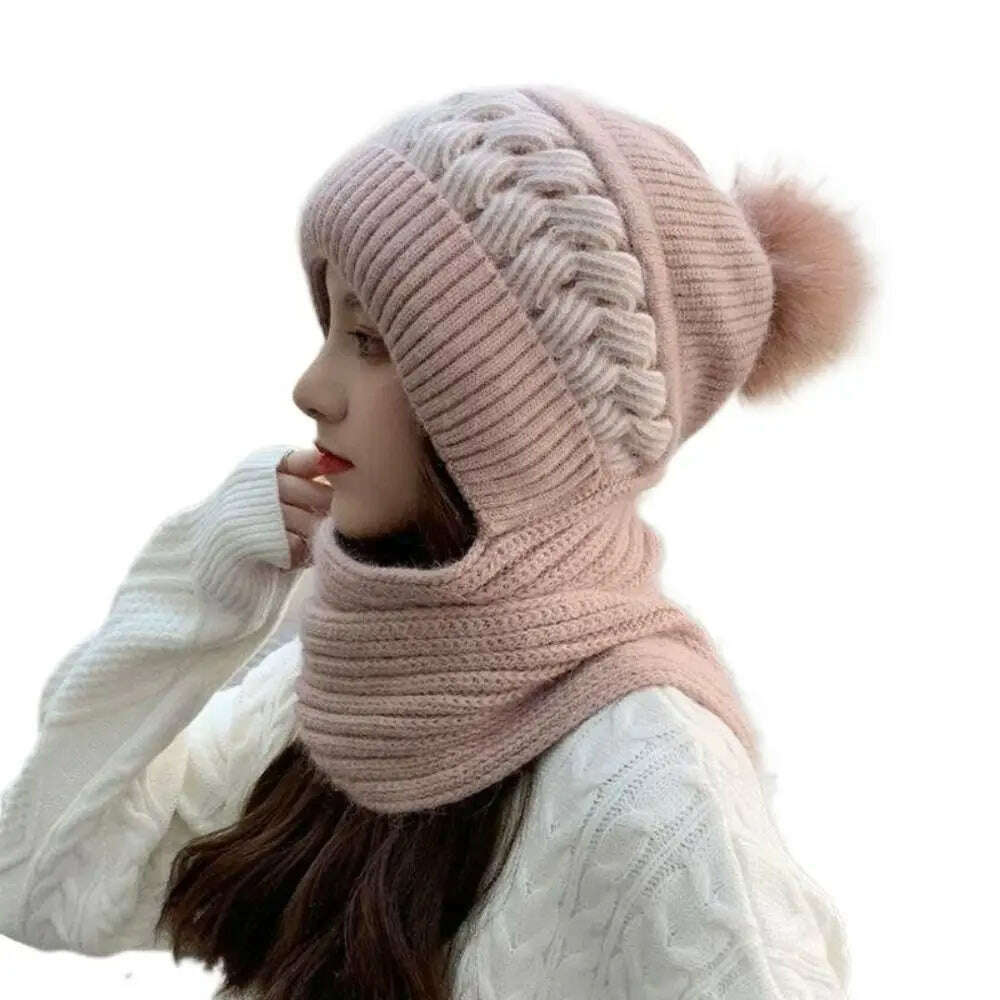 KIMLUD, Fashion Integrated Ear Protection Windproof Cap Scarf Knitting Thickening Hat Winter Warm Beanie Hat Scarf for Women, Pink, KIMLUD APPAREL - Womens Clothes