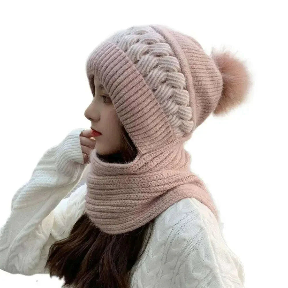 KIMLUD, Fashion Integrated Ear Protection Windproof Cap Scarf Knitting Thickening Hat Winter Warm Beanie Hat Scarf for Women, KIMLUD Womens Clothes
