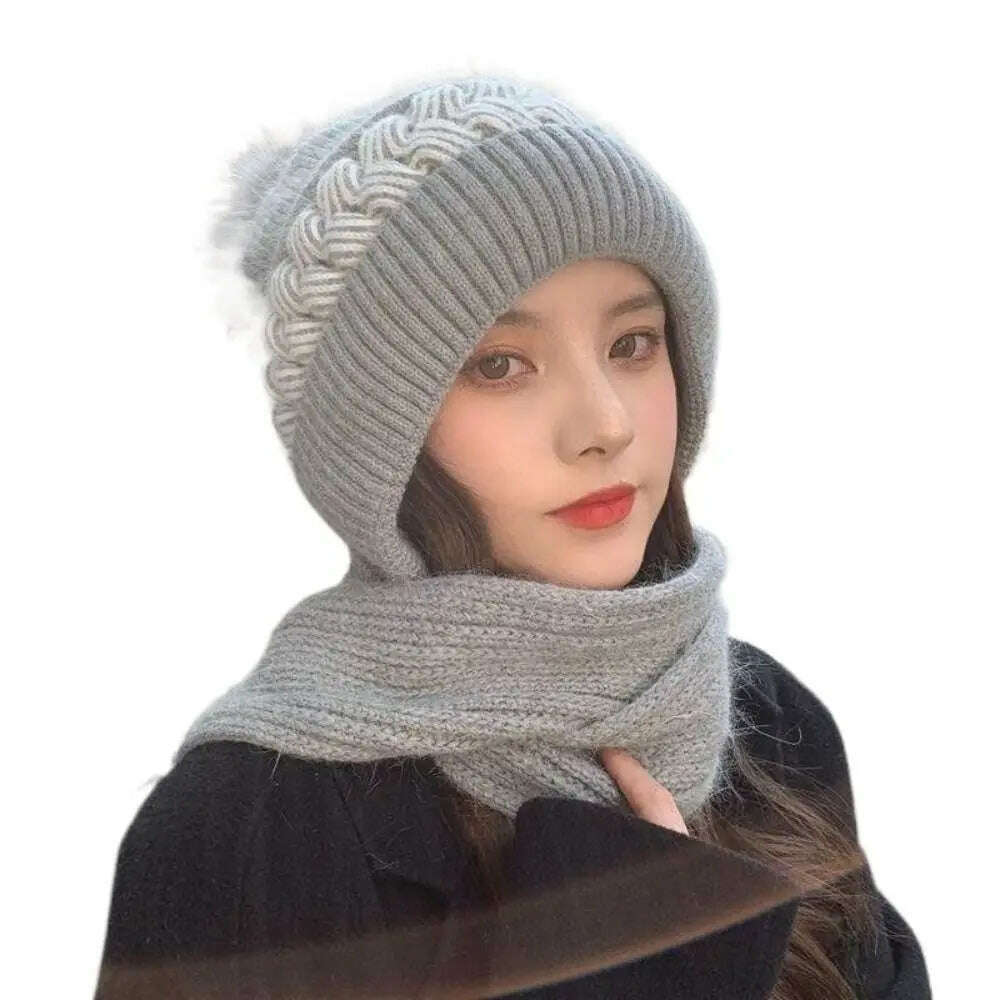 KIMLUD, Fashion Integrated Ear Protection Windproof Cap Scarf Knitting Thickening Hat Winter Warm Beanie Hat Scarf for Women, Grey, KIMLUD APPAREL - Womens Clothes
