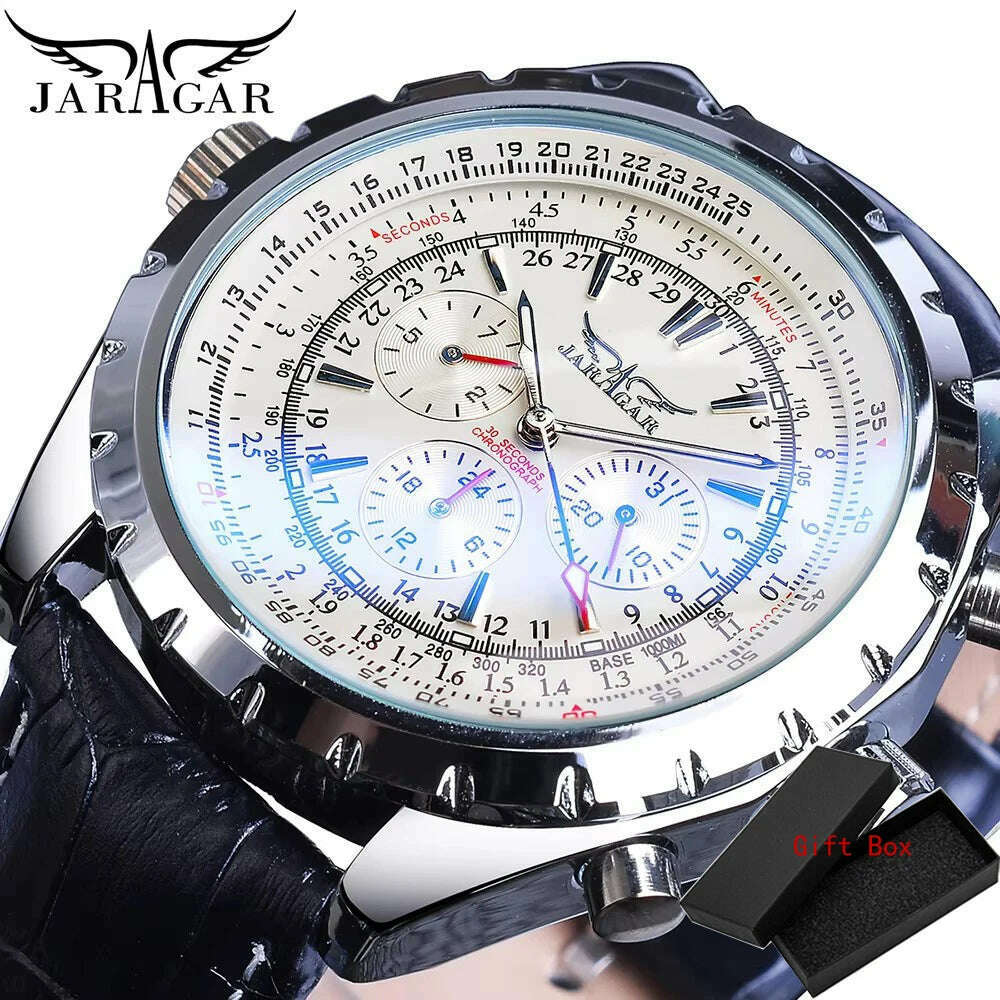 KIMLUD, Fashion Jaragar Top Brand Leather Automatic Mechanical Calendar Business Watches Pilot Design Men's Wrist Watch Male, White, KIMLUD APPAREL - Womens Clothes