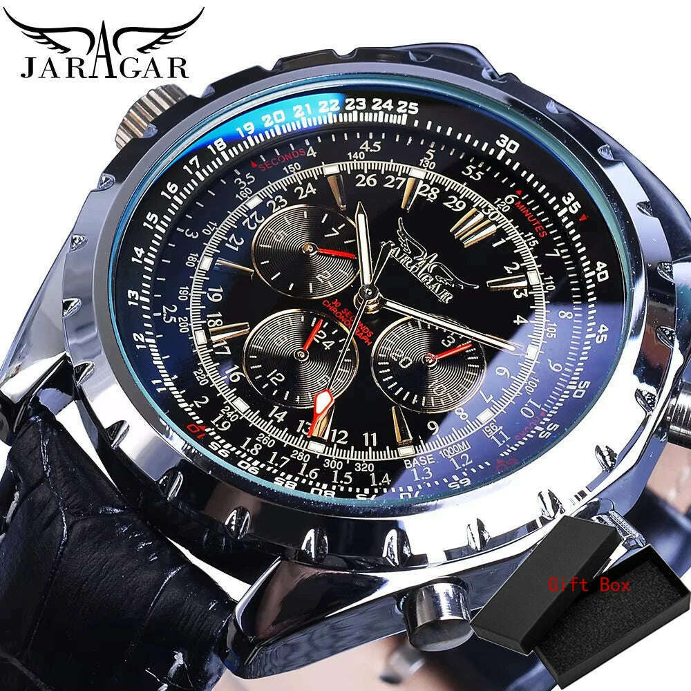KIMLUD, Fashion Jaragar Top Brand Leather Automatic Mechanical Calendar Business Watches Pilot Design Men's Wrist Watch Male, Black, KIMLUD APPAREL - Womens Clothes