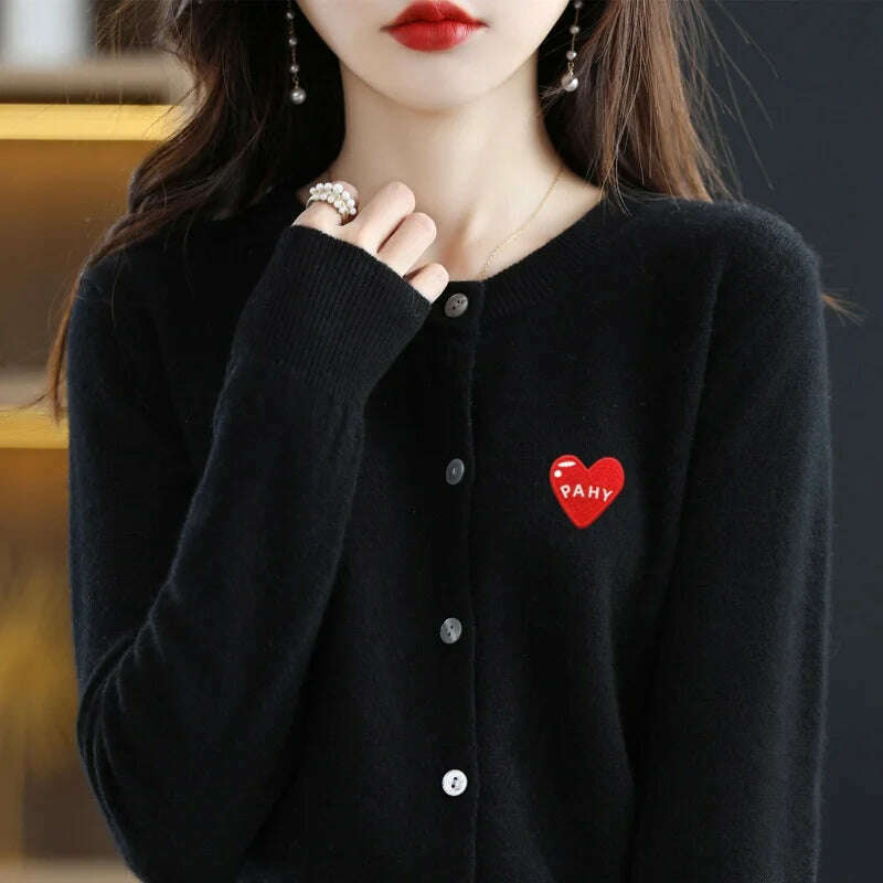 KIMLUD, Fashion Long Sleeve 100% Pure Merino Sweaters Wool Spring Autumn Cashmere Women Knitted O-Neck Top Cardigan Clothing Tops, black / S, KIMLUD APPAREL - Womens Clothes
