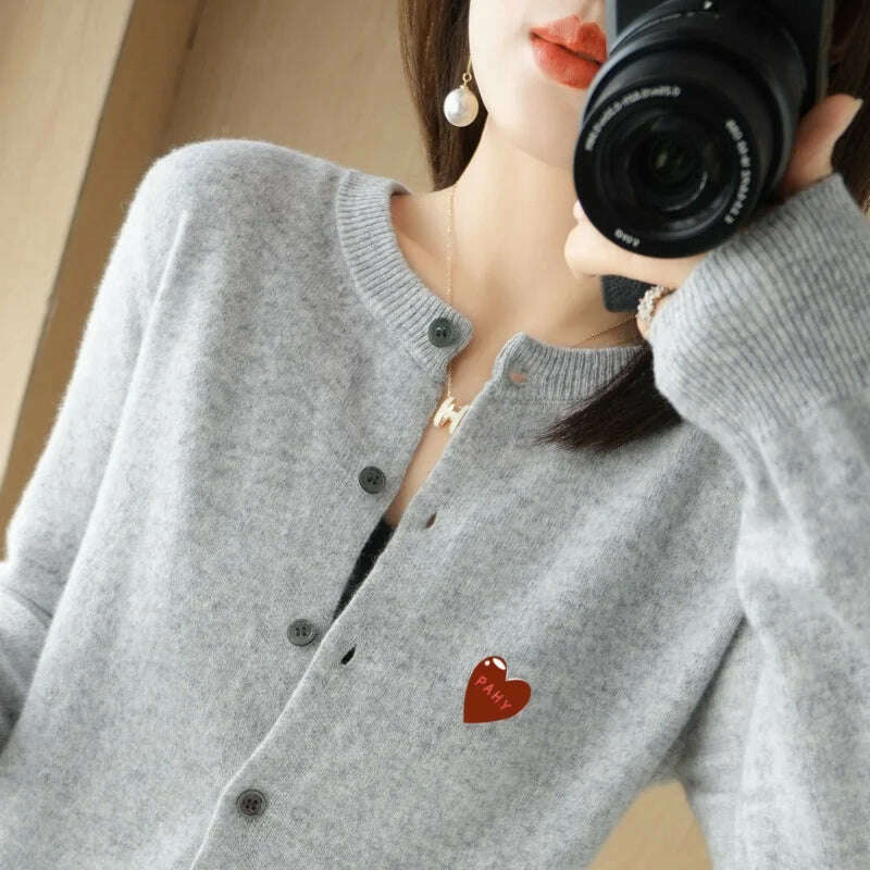KIMLUD, Fashion Long Sleeve 100% Pure Merino Sweaters Wool Spring Autumn Cashmere Women Knitted O-Neck Top Cardigan Clothing Tops, grey / S, KIMLUD APPAREL - Womens Clothes