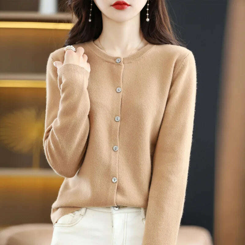 KIMLUD, Fashion Long Sleeve 100% Pure Merino Sweaters Wool Spring Autumn Cashmere Women Knitted O-Neck Top Cardigan Clothing Tops, golden camel / M, KIMLUD Womens Clothes