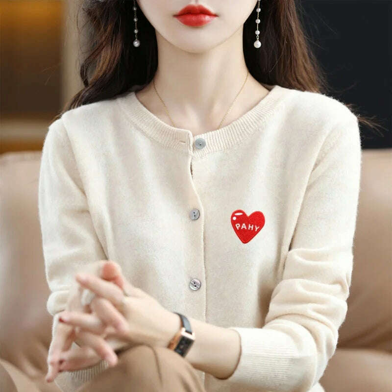 KIMLUD, Fashion Long Sleeve 100% Pure Merino Sweaters Wool Spring Autumn Cashmere Women Knitted O-Neck Top Cardigan Clothing Tops, beige / S, KIMLUD APPAREL - Womens Clothes