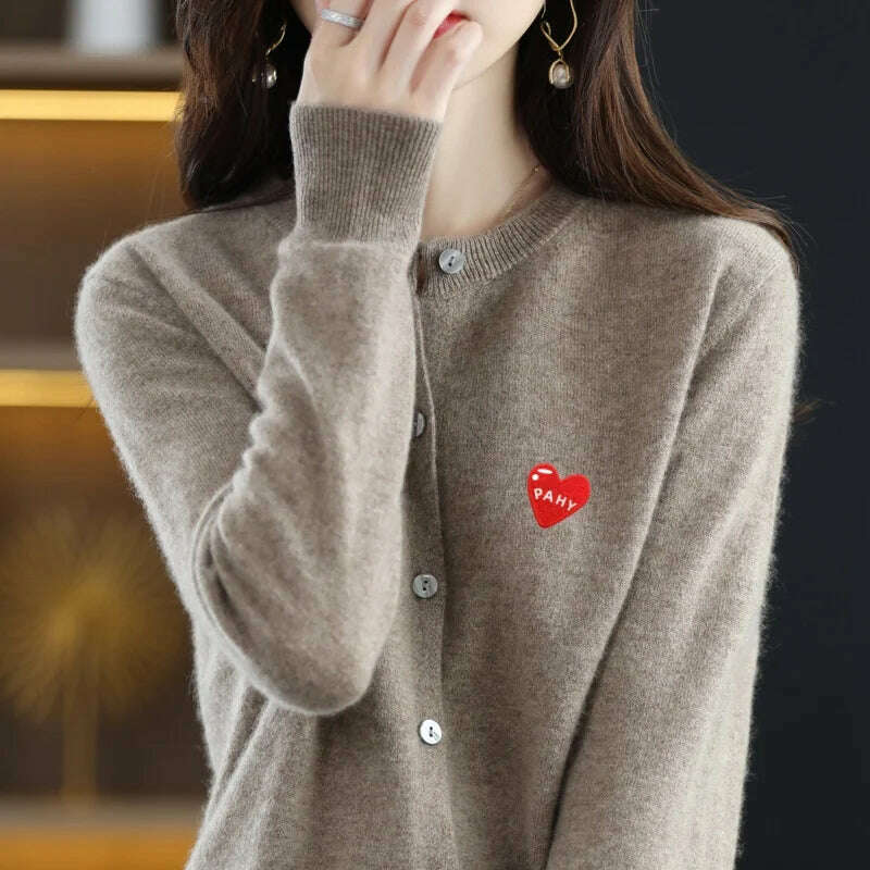 KIMLUD, Fashion Long Sleeve 100% Pure Merino Sweaters Wool Spring Autumn Cashmere Women Knitted O-Neck Top Cardigan Clothing Tops, Raw velvet / M, KIMLUD APPAREL - Womens Clothes