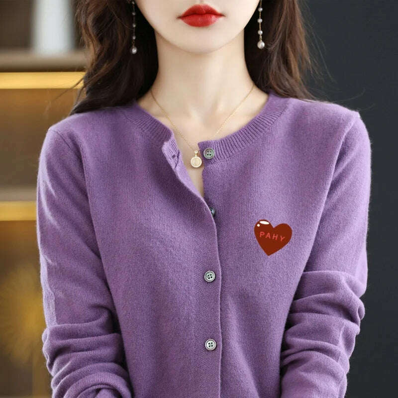 KIMLUD, Fashion Long Sleeve 100% Pure Merino Sweaters Wool Spring Autumn Cashmere Women Knitted O-Neck Top Cardigan Clothing Tops, Purple / S, KIMLUD Womens Clothes