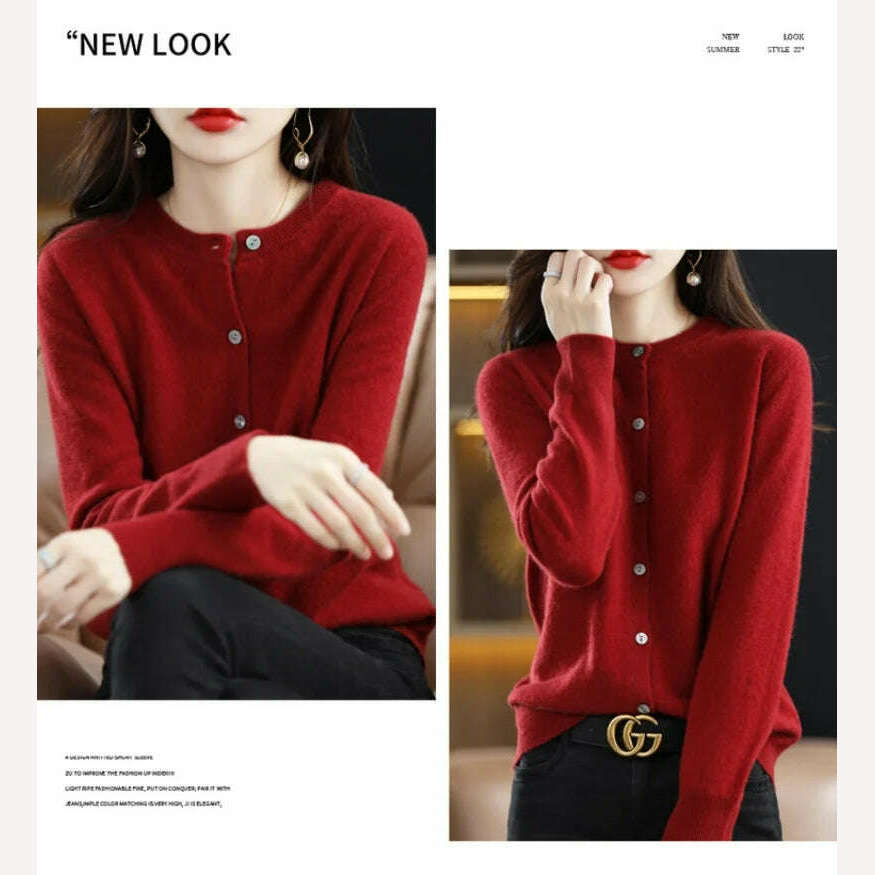 KIMLUD, Fashion Long Sleeve 100% Pure Merino Sweaters Wool Spring Autumn Cashmere Women Knitted O-Neck Top Cardigan Clothing Tops, KIMLUD Womens Clothes