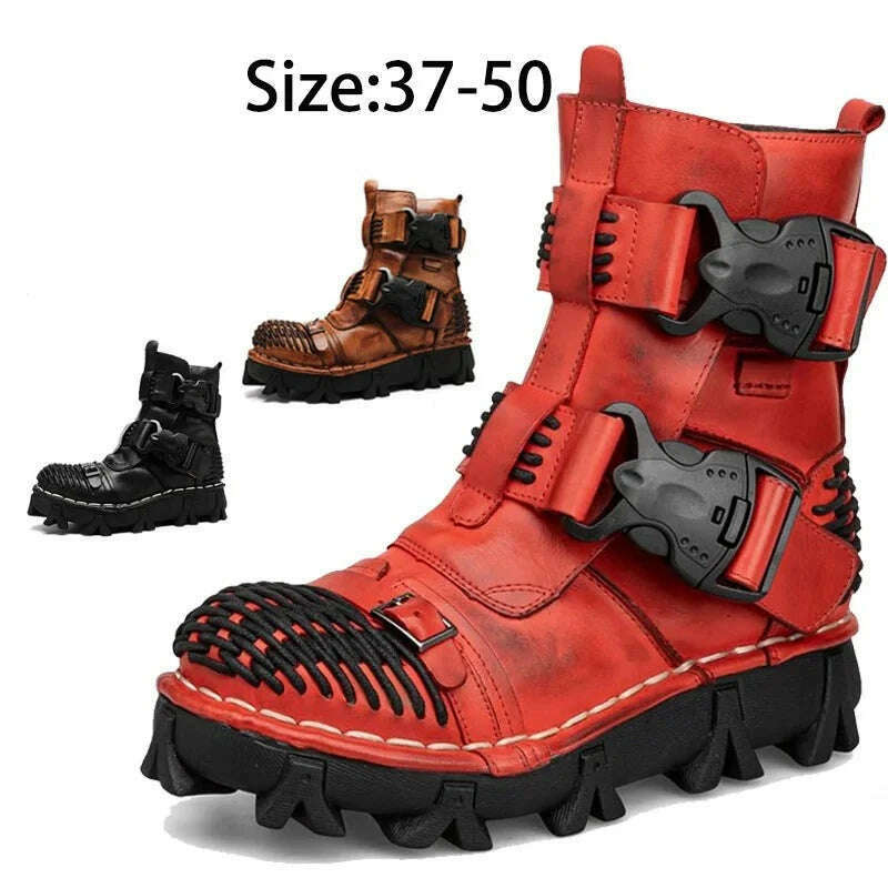 KIMLUD, Fashion Men Genuine Leather Motorcycle Boots Winter Riding Boots Military Combat Boots Gothic Skull Punk Buckle Mid-calf Boots, KIMLUD Womens Clothes