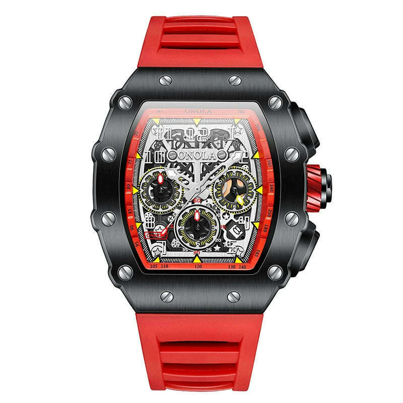KIMLUD, Fashion Men's Watch ONOLA Unique Design Multi-functional Automatic Mechanical Watches Men's Tape Waterproof Wristwatch, black red, KIMLUD APPAREL - Womens Clothes