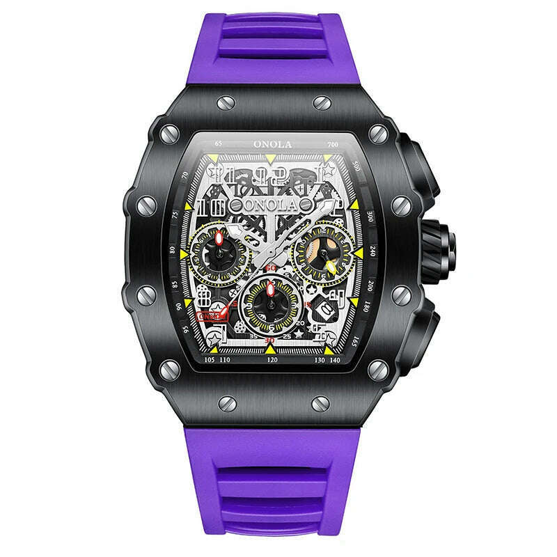 KIMLUD, Fashion Men's Watch ONOLA Unique Design Multi-functional Automatic Mechanical Watches Men's Tape Waterproof Wristwatch, black purple, KIMLUD APPAREL - Womens Clothes