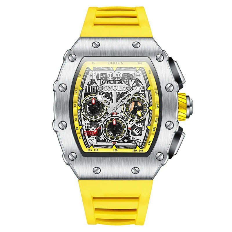 KIMLUD, Fashion Men's Watch ONOLA Unique Design Multi-functional Automatic Mechanical Watches Men's Tape Waterproof Wristwatch, silver yellow, KIMLUD APPAREL - Womens Clothes