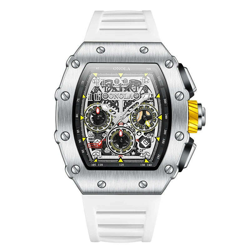 KIMLUD, Fashion Men's Watch ONOLA Unique Design Multi-functional Automatic Mechanical Watches Men's Tape Waterproof Wristwatch, silver white, KIMLUD APPAREL - Womens Clothes