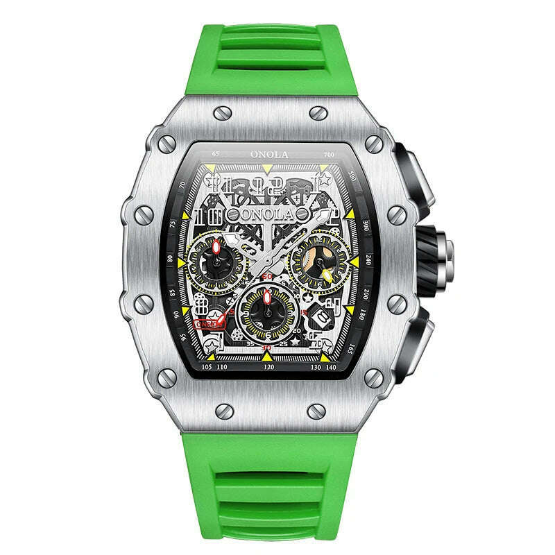 KIMLUD, Fashion Men's Watch ONOLA Unique Design Multi-functional Automatic Mechanical Watches Men's Tape Waterproof Wristwatch, silver green, KIMLUD APPAREL - Womens Clothes