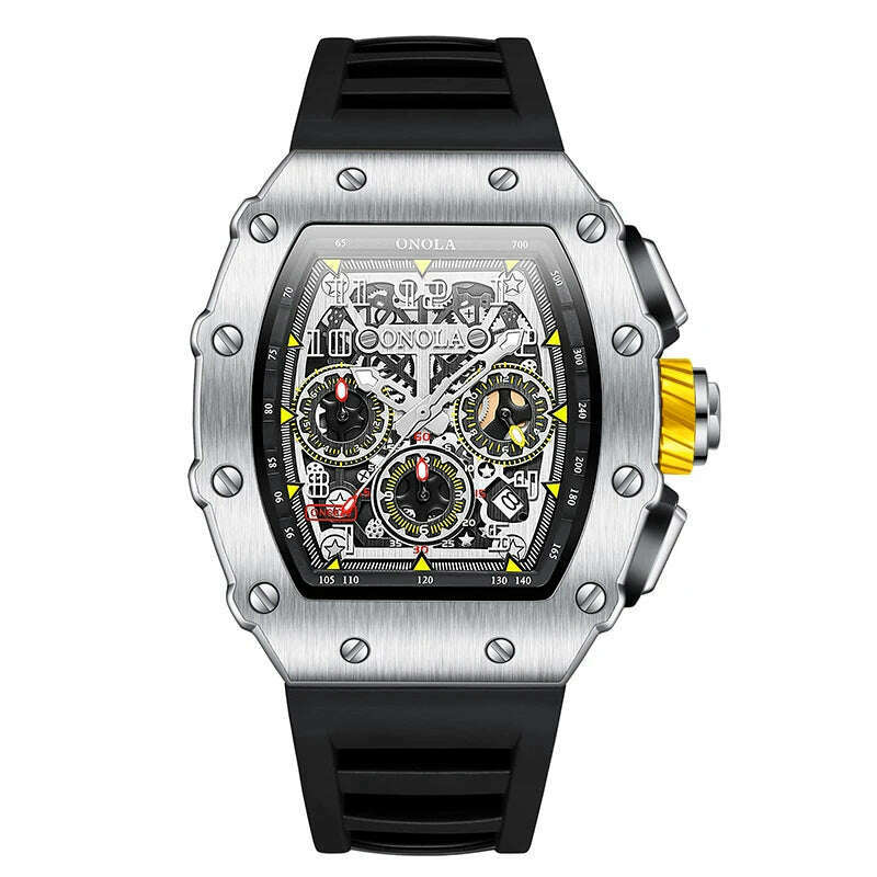 KIMLUD, Fashion Men's Watch ONOLA Unique Design Multi-functional Automatic Mechanical Watches Men's Tape Waterproof Wristwatch, silver black, KIMLUD APPAREL - Womens Clothes