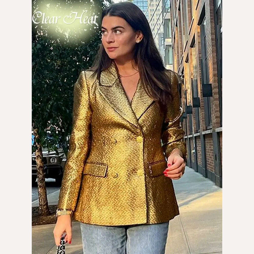 KIMLUD, Fashion Metallic Gold Suit Jacket Women Vintage Single Breasted Long Sleeve Casual Blazer Coat 2023 Office Lady Street Outerwear, KIMLUD Womens Clothes