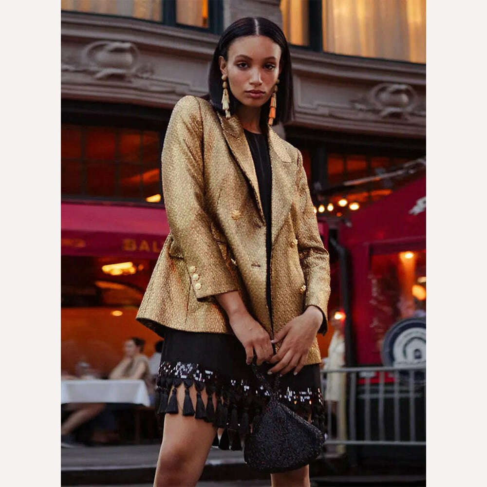 KIMLUD, Fashion Metallic Gold Suit Jacket Women Vintage Single Breasted Long Sleeve Casual Blazer Coat 2023 Office Lady Street Outerwear, KIMLUD Womens Clothes