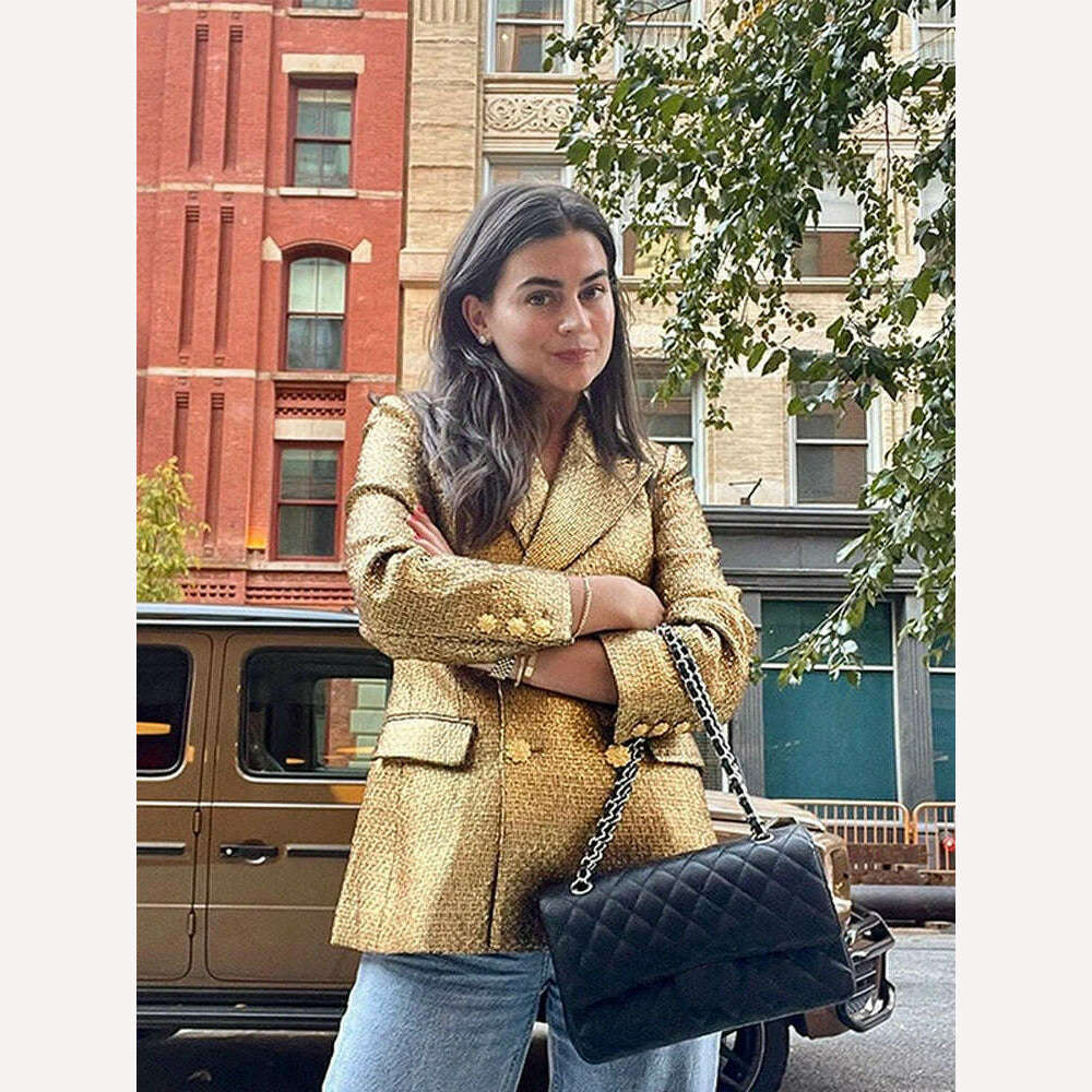 KIMLUD, Fashion Metallic Gold Suit Jacket Women Vintage Single Breasted Long Sleeve Casual Blazer Coat 2023 Office Lady Street Outerwear, KIMLUD Womens Clothes