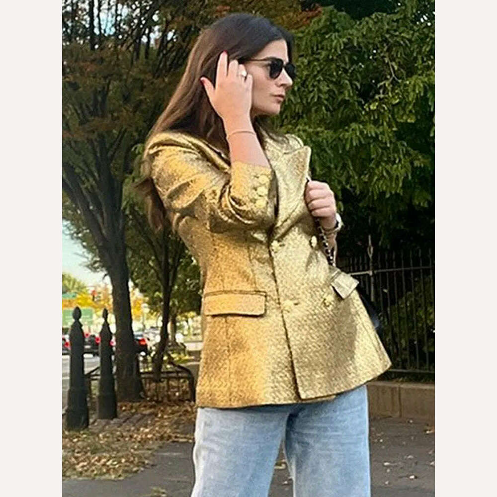 KIMLUD, Fashion Metallic Gold Suit Jacket Women Vintage Single Breasted Long Sleeve Casual Blazer Coat 2023 Office Lady Street Outerwear, KIMLUD Womens Clothes