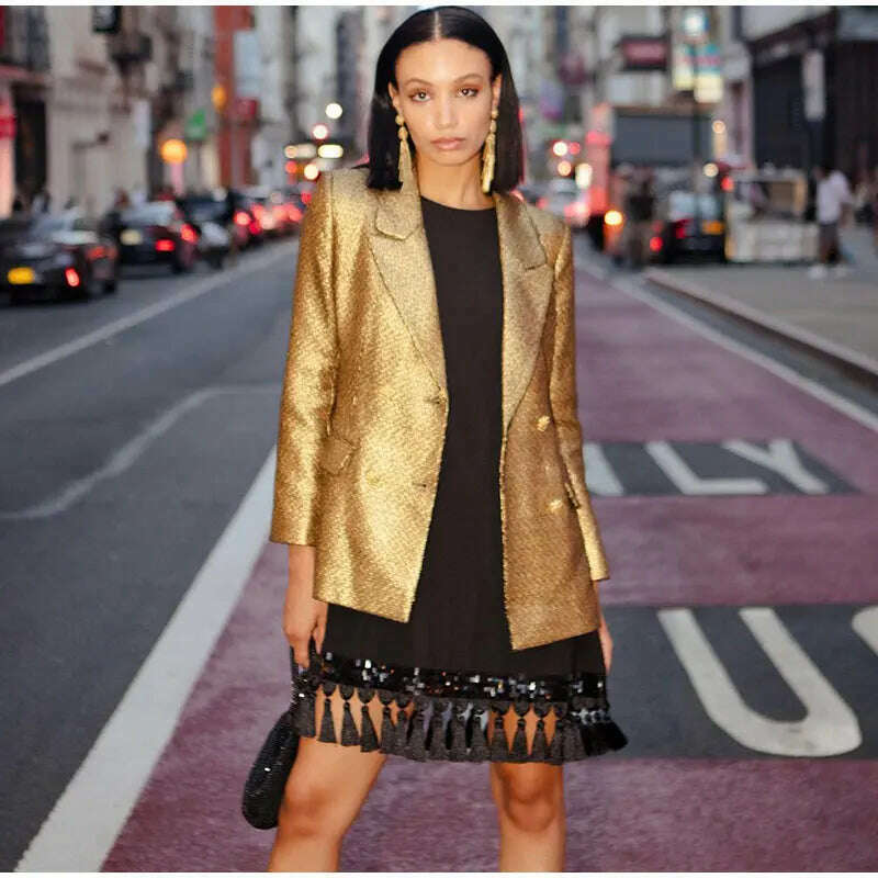 KIMLUD, Fashion Metallic Gold Suit Jacket Women Vintage Single Breasted Long Sleeve Casual Blazer Coat 2023 Office Lady Street Outerwear, KIMLUD Womens Clothes