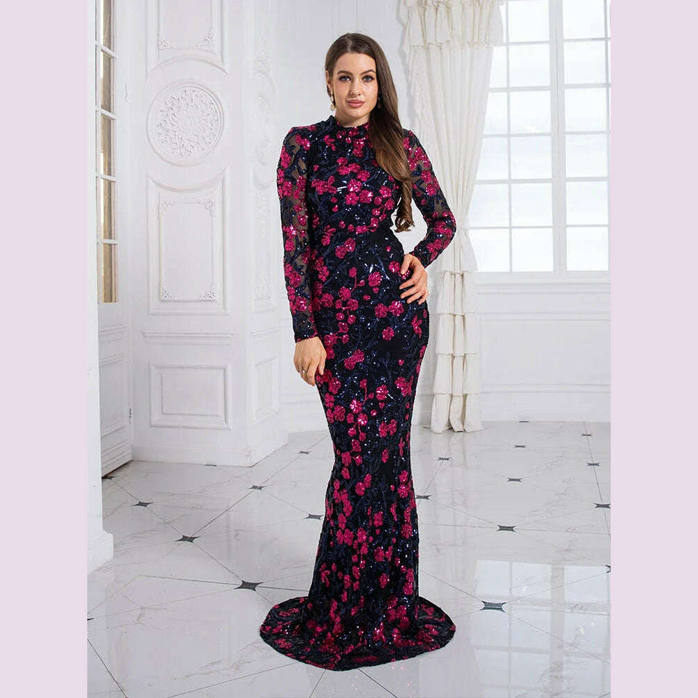 Fashion New Style Long Sleeve Birthday Prom Dress Sequin Flower Elegant High Neck Tight With Lining Evening Party Gown Women - KIMLUD