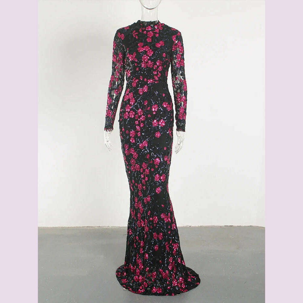 Fashion New Style Long Sleeve Birthday Prom Dress Sequin Flower Elegant High Neck Tight With Lining Evening Party Gown Women - KIMLUD