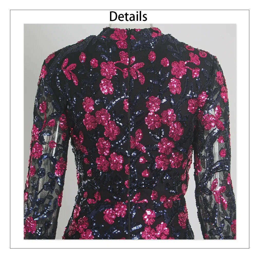 Fashion New Style Long Sleeve Birthday Prom Dress Sequin Flower Elegant High Neck Tight With Lining Evening Party Gown Women - KIMLUD