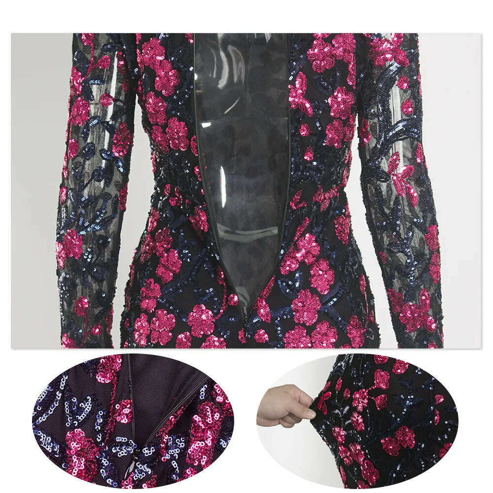 Fashion New Style Long Sleeve Birthday Prom Dress Sequin Flower Elegant High Neck Tight With Lining Evening Party Gown Women - KIMLUD