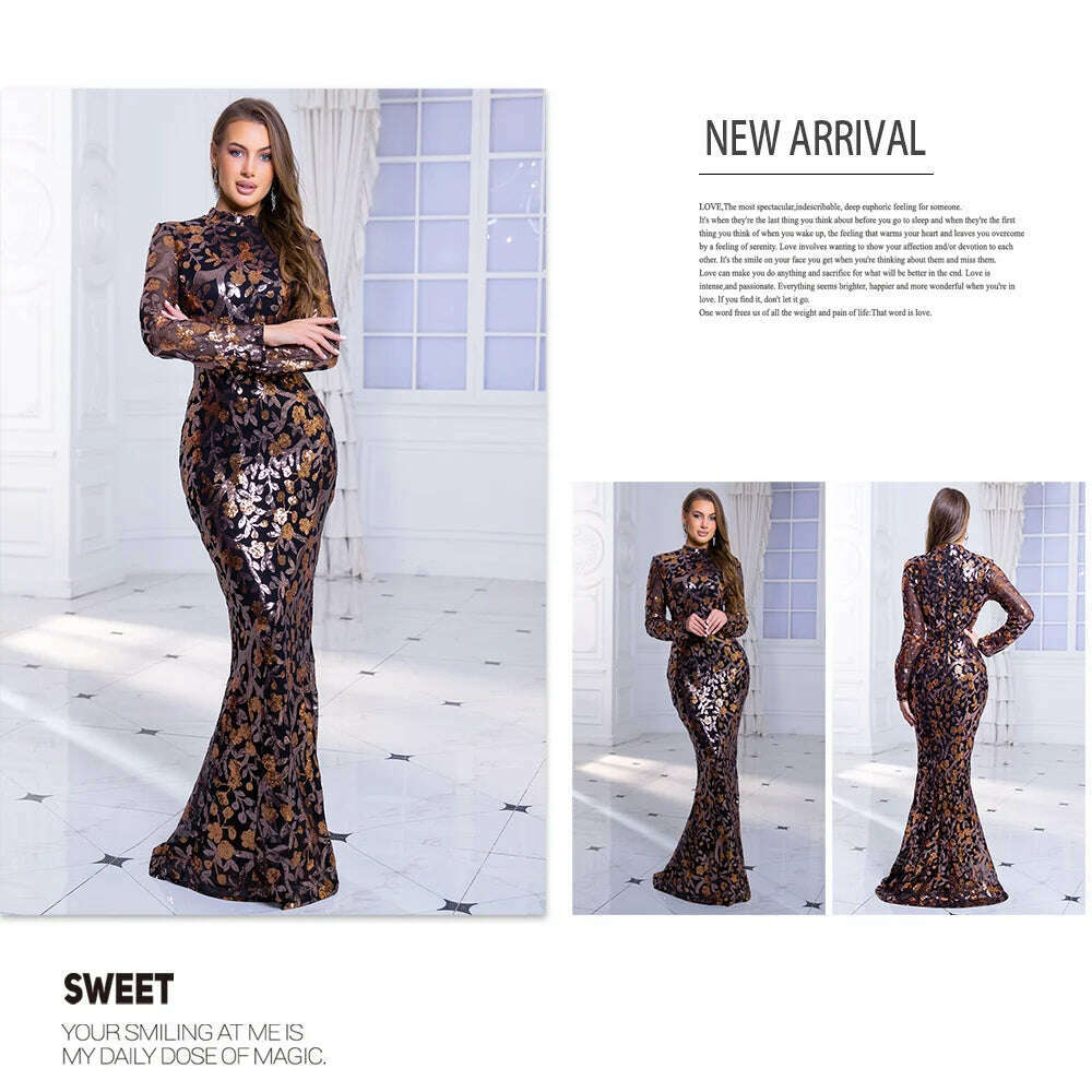 Fashion New Style Long Sleeve Birthday Prom Dress Sequin Flower Elegant High Neck Tight With Lining Evening Party Gown Women - KIMLUD