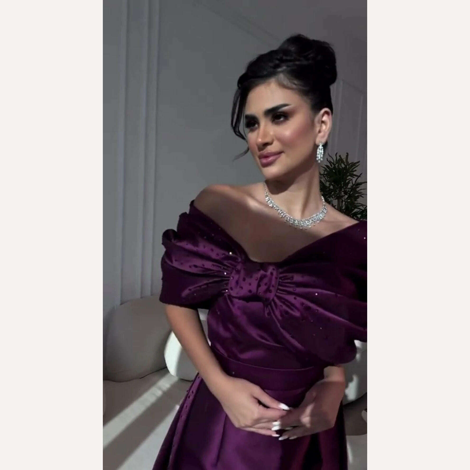 Fashion Off-the-shoulder A-line Floor Length Prom Dresses Bows Beading Satin Formal Occasion Gown vestido de festa mulher luxo - KIMLUD