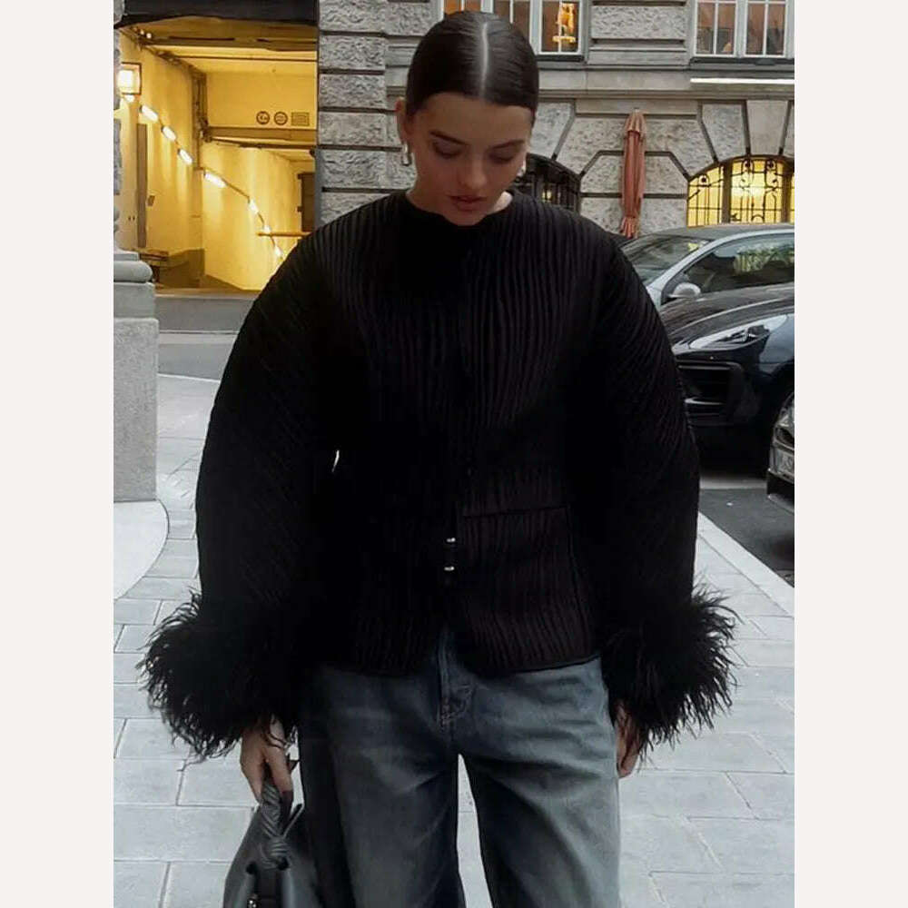 KIMLUD, Fashion Patchwork Solid Folds Coat For Women Elegant Plush Sleeve O Neck Jacket 2023 Autumn Winter Female Office Outerwear, black / S, KIMLUD APPAREL - Womens Clothes
