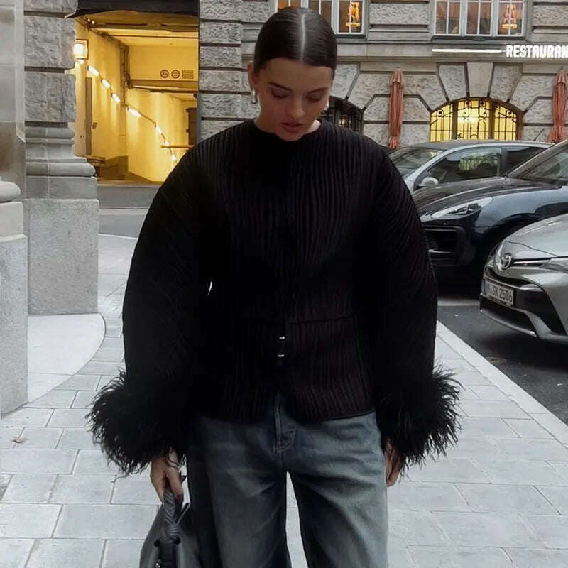 KIMLUD, Fashion Patchwork Solid Folds Coat For Women Elegant Plush Sleeve O Neck Jacket 2023 Autumn Winter Female Office Outerwear, KIMLUD Womens Clothes