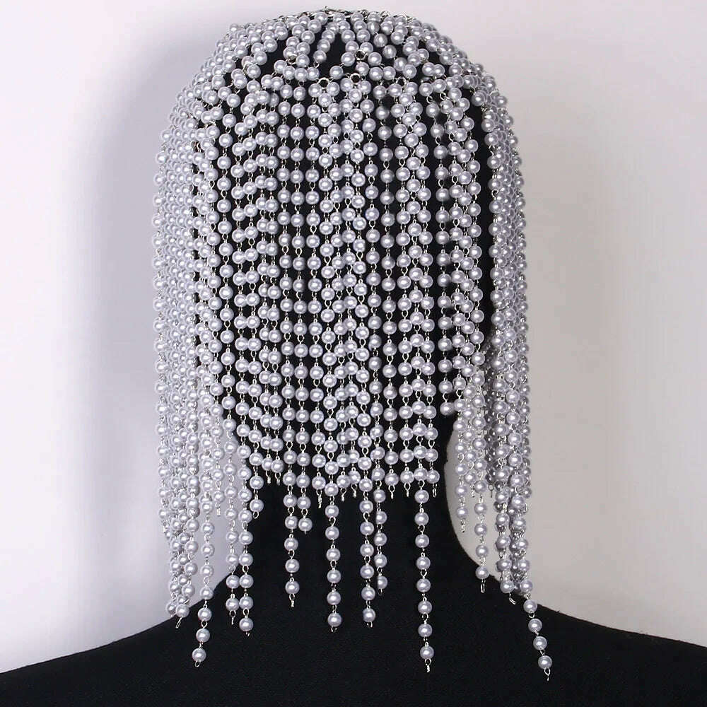 Fashion Pearl Tassel Headpiece Cap Wedding Hair Accessories Indian Jewelry Elegant Bridal Head Chain Hat Women Prom - KIMLUD