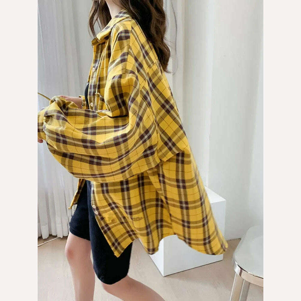 KIMLUD, Fashion Plaid Button Up Shirt Women Spring 2022 New Oversize Long Sleeve Tops Female Harajuku Daily All-match Chic Yellow Shirts, Yellow / S, KIMLUD APPAREL - Womens Clothes