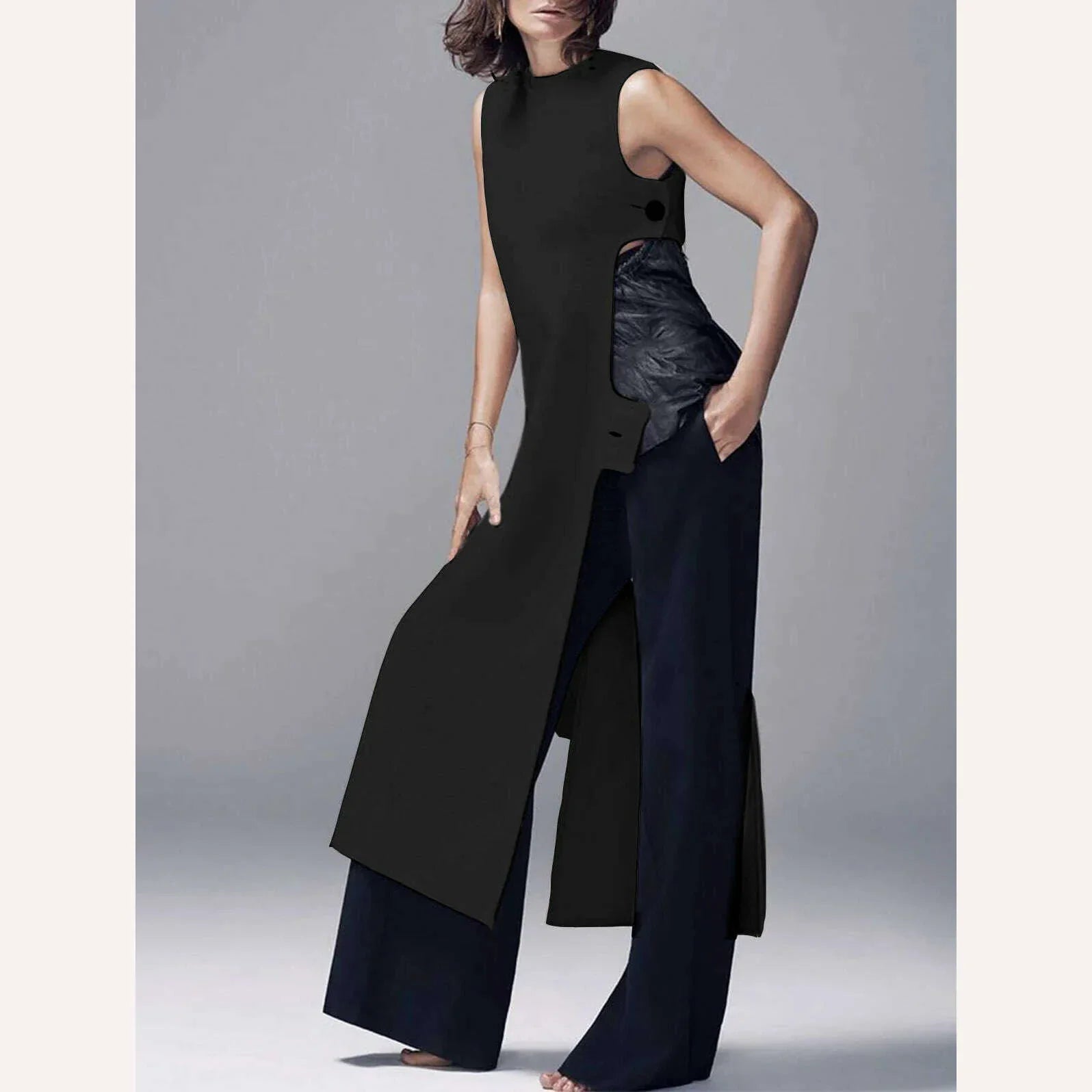 KIMLUD, Fashion Plain Crew Neck Sleeveless Button Slit Dress Sexy Vintage Casual Chic Summer Slim Single Button High Street Long Dress, KIMLUD Womens Clothes