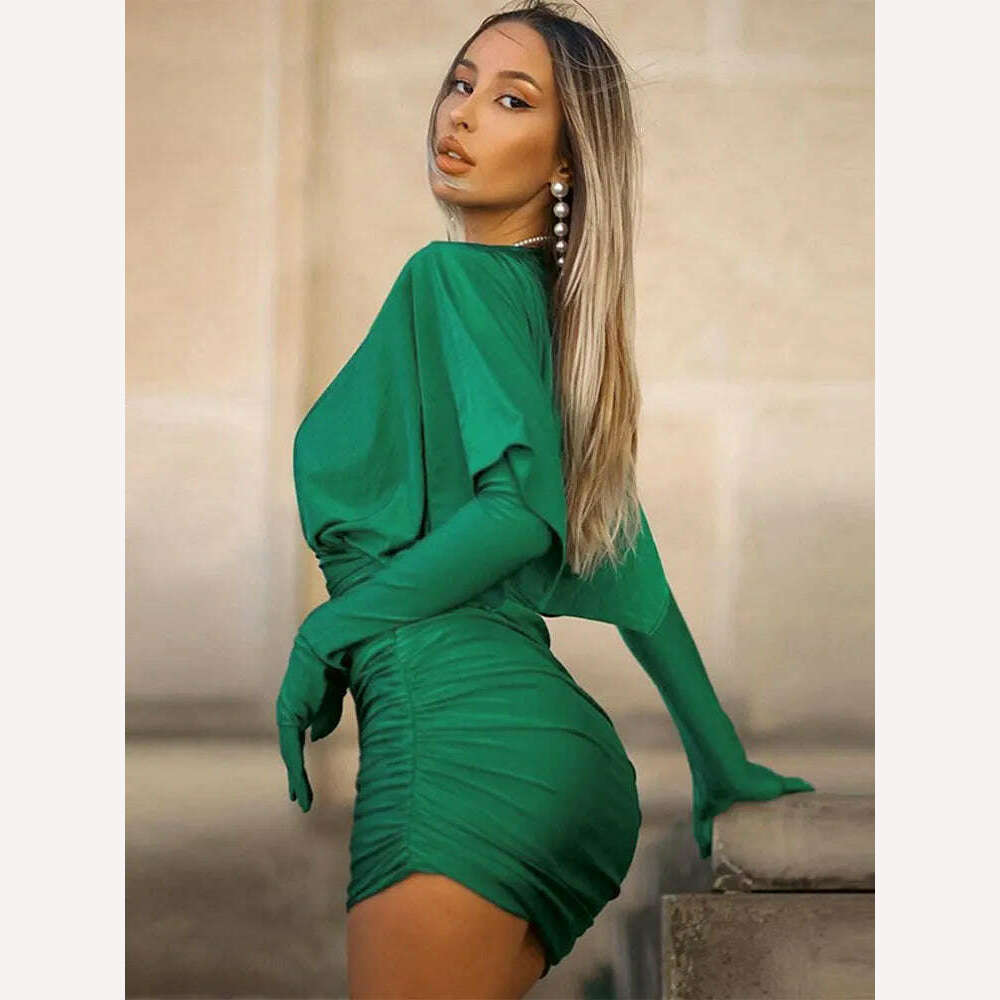 KIMLUD, Fashion Pleated V-neck Tight Mini Dress For Women Elegant Party Club Bodycon Dresses Female Chic Gloves Solid Vestidos 2023, KIMLUD Womens Clothes