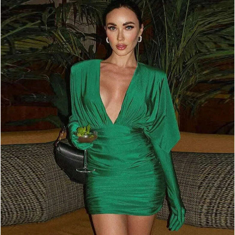 KIMLUD, Fashion Pleated V-neck Tight Mini Dress For Women Elegant Party Club Bodycon Dresses Female Chic Gloves Solid Vestidos 2023, KIMLUD Womens Clothes