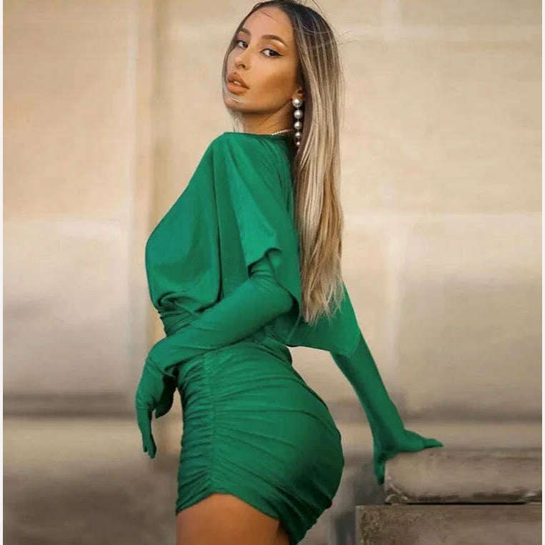 KIMLUD, Fashion Pleated V-neck Tight Mini Dress For Women Elegant Party Club Bodycon Dresses Female Chic Gloves Solid Vestidos 2023, KIMLUD Womens Clothes
