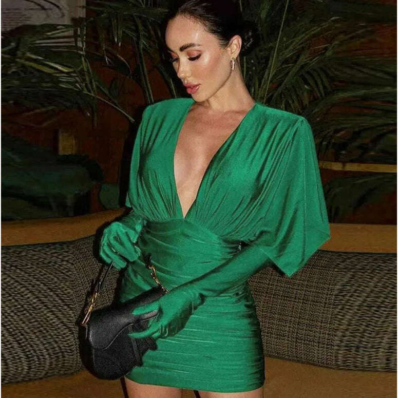KIMLUD, Fashion Pleated V-neck Tight Mini Dress For Women Elegant Party Club Bodycon Dresses Female Chic Gloves Solid Vestidos 2023, KIMLUD Womens Clothes
