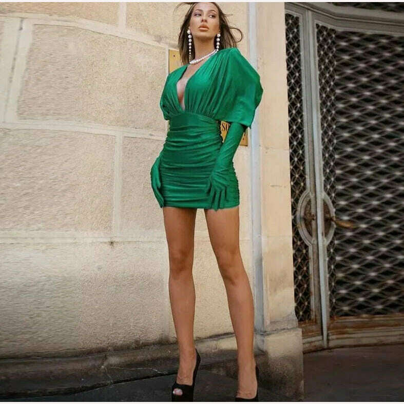KIMLUD, Fashion Pleated V-neck Tight Mini Dress For Women Elegant Party Club Bodycon Dresses Female Chic Gloves Solid Vestidos 2023, KIMLUD Womens Clothes