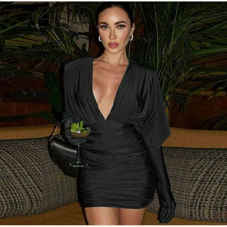 KIMLUD, Fashion Pleated V-neck Tight Mini Dress For Women Elegant Party Club Bodycon Dresses Female Chic Gloves Solid Vestidos 2023, KIMLUD Womens Clothes