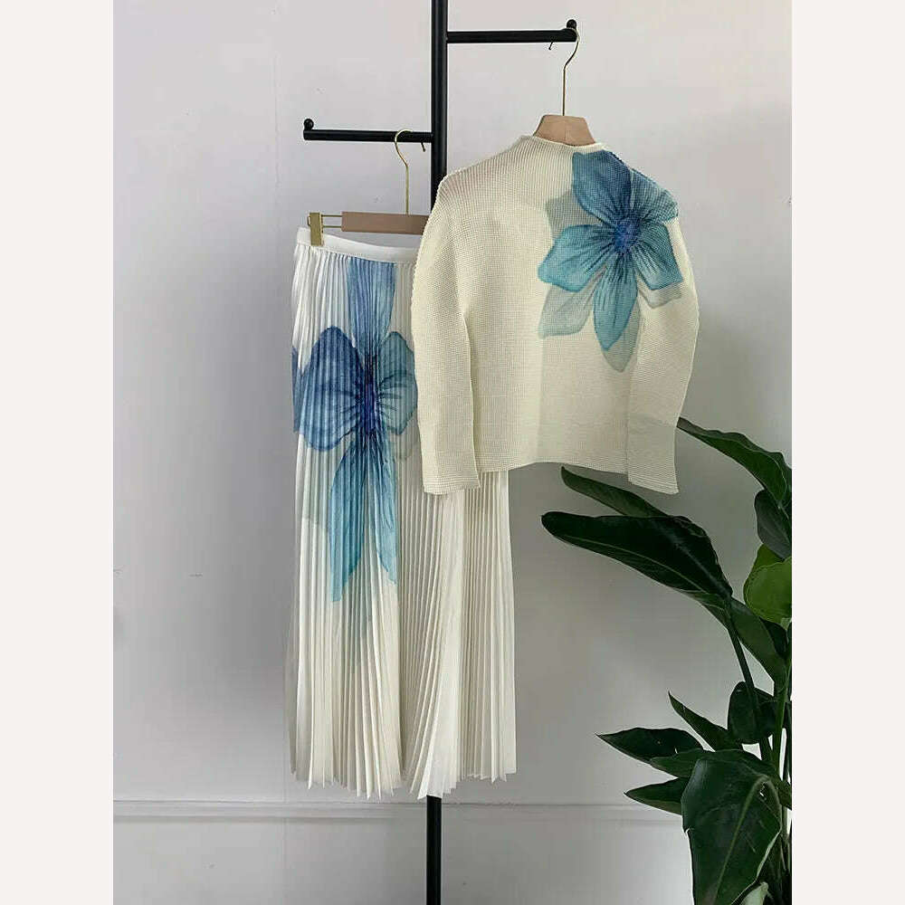 KIMLUD, Fashion Printed High Neck Elastic Slim Fitting T-shirt+printed Long Pleated Skirt Two-piece 2024 Autumn Elegant Women Skirt Set, long sleeve / One Size, KIMLUD APPAREL - Womens Clothes