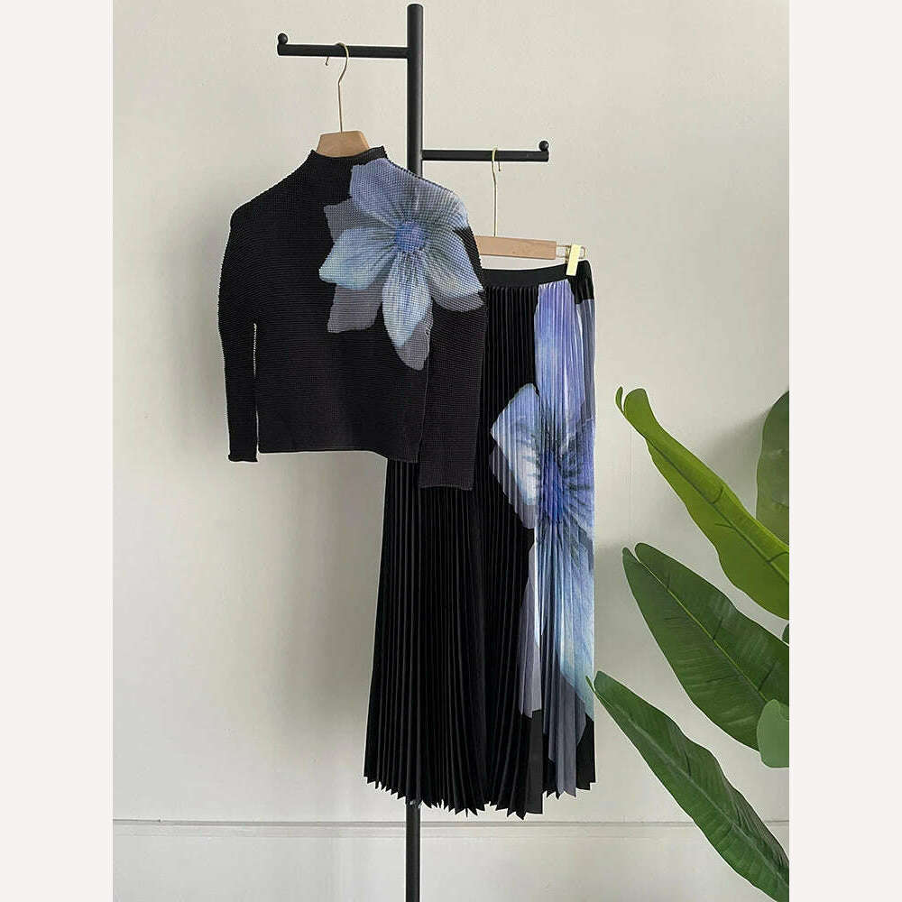 KIMLUD, Fashion Printed High Neck Elastic Slim Fitting T-shirt+printed Long Pleated Skirt Two-piece 2024 Autumn Elegant Women Skirt Set, long sleeve 1 / One Size, KIMLUD APPAREL - Womens Clothes