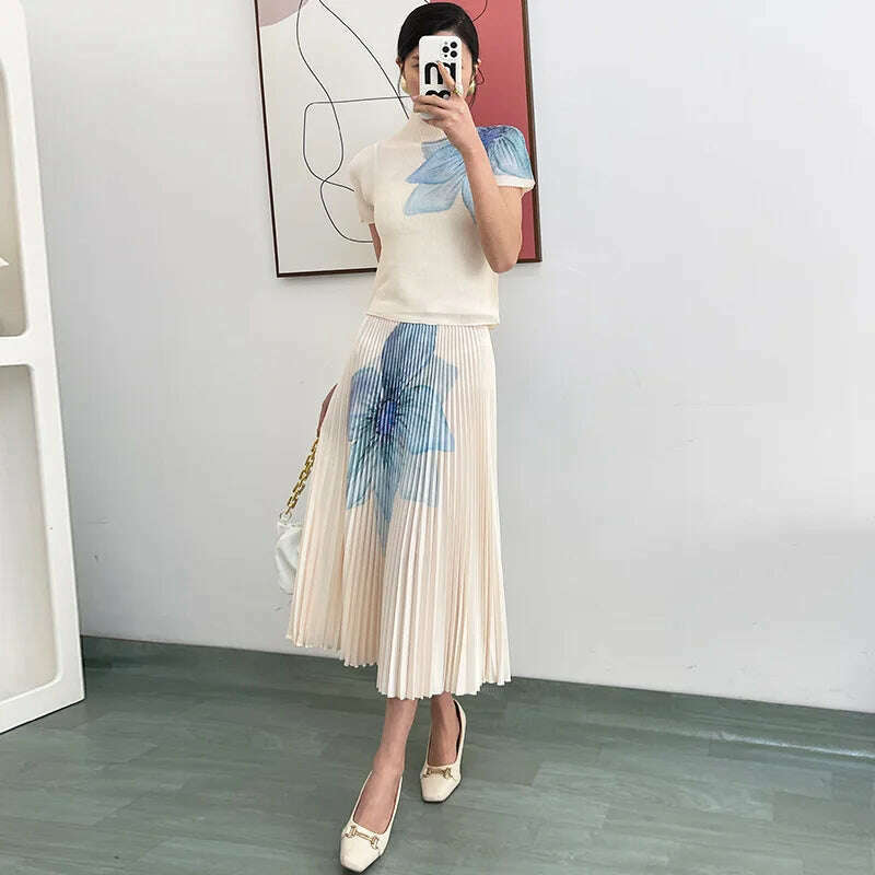 KIMLUD, Fashion Printed High Neck Elastic Slim Fitting T-shirt+printed Long Pleated Skirt Two-piece 2024 Autumn Elegant Women Skirt Set, KIMLUD Womens Clothes