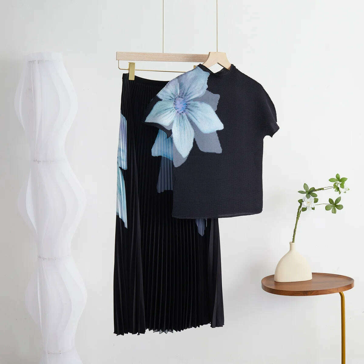 KIMLUD, Fashion Printed High Neck Elastic Slim Fitting T-shirt+printed Long Pleated Skirt Two-piece 2024 Autumn Elegant Women Skirt Set, short sleeves 1 / One Size, KIMLUD APPAREL - Womens Clothes