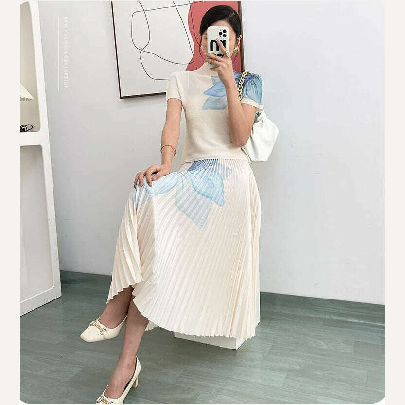 KIMLUD, Fashion Printed High Neck Elastic Slim Fitting T-shirt+printed Long Pleated Skirt Two-piece 2024 Autumn Elegant Women Skirt Set, KIMLUD Womens Clothes