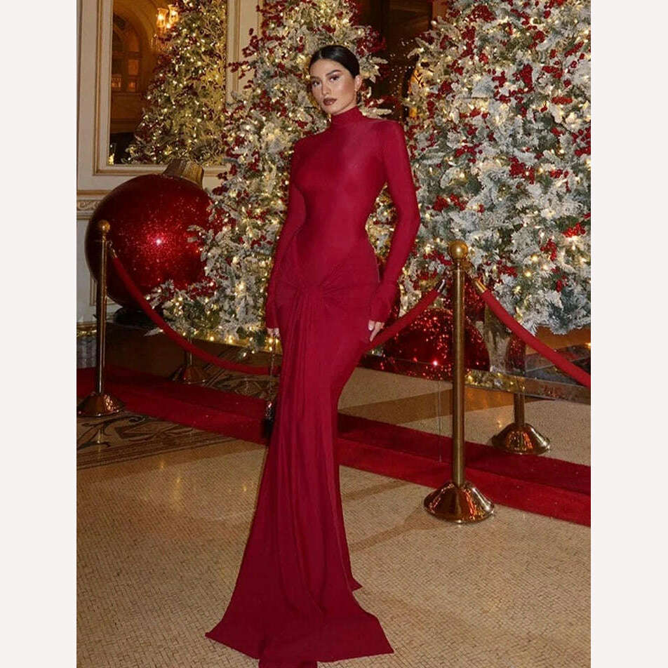 KIMLUD, Fashion Red Bodycon Women's Maxi Dress Fashion Long Sleeve Half High Collar Vestidos 2024 Female Elegant Evening Prom Robe, KIMLUD Womens Clothes