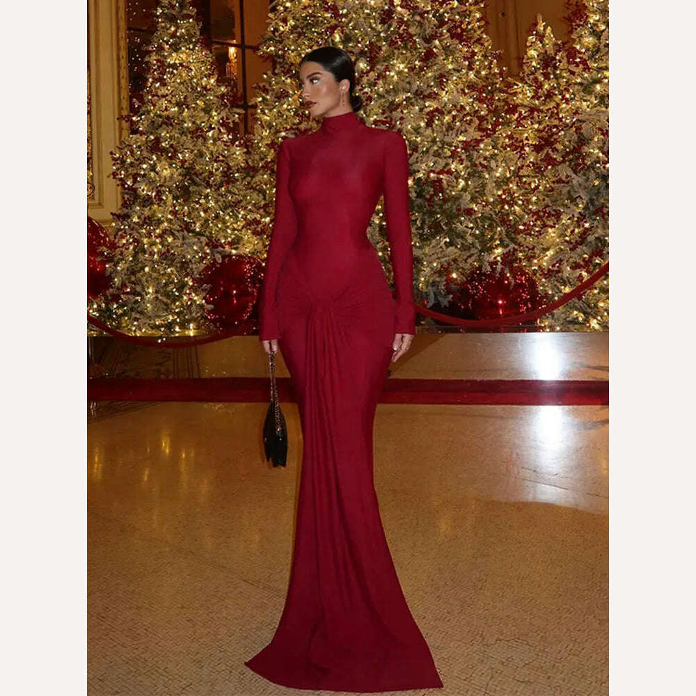 KIMLUD, Fashion Red Bodycon Women's Maxi Dress Fashion Long Sleeve Half High Collar Vestidos 2024 Female Elegant Evening Prom Robe, KIMLUD Womens Clothes