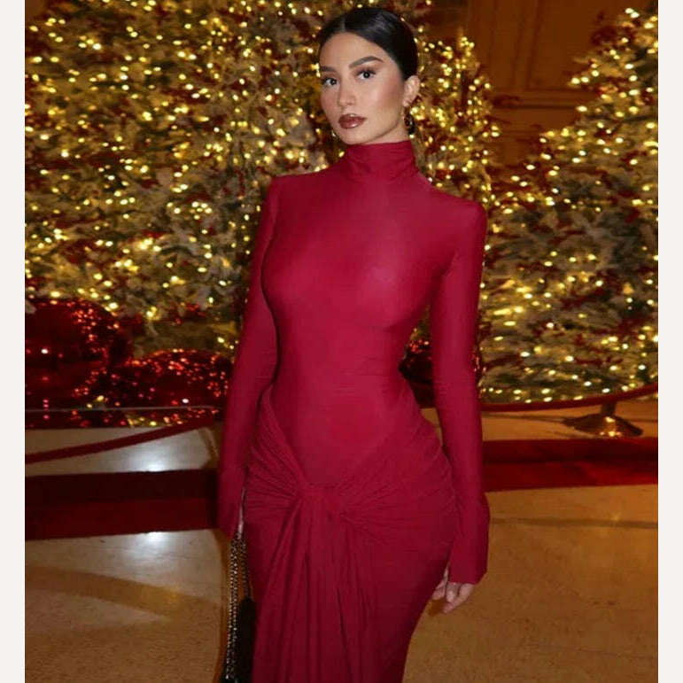 KIMLUD, Fashion Red Bodycon Women's Maxi Dress Fashion Long Sleeve Half High Collar Vestidos 2024 Female Elegant Evening Prom Robe, KIMLUD Womens Clothes