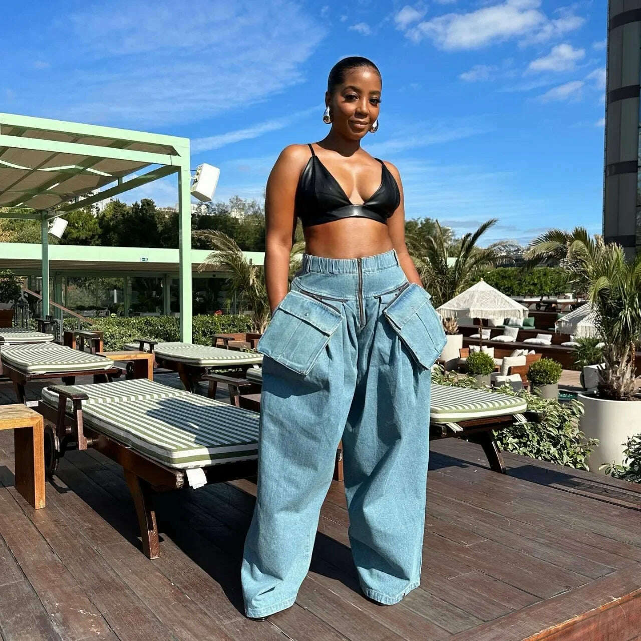 fashion retro women's casual wide leg loose heavy duty denim two-piece set for women two piece set women sexy club zevity - KIMLUD